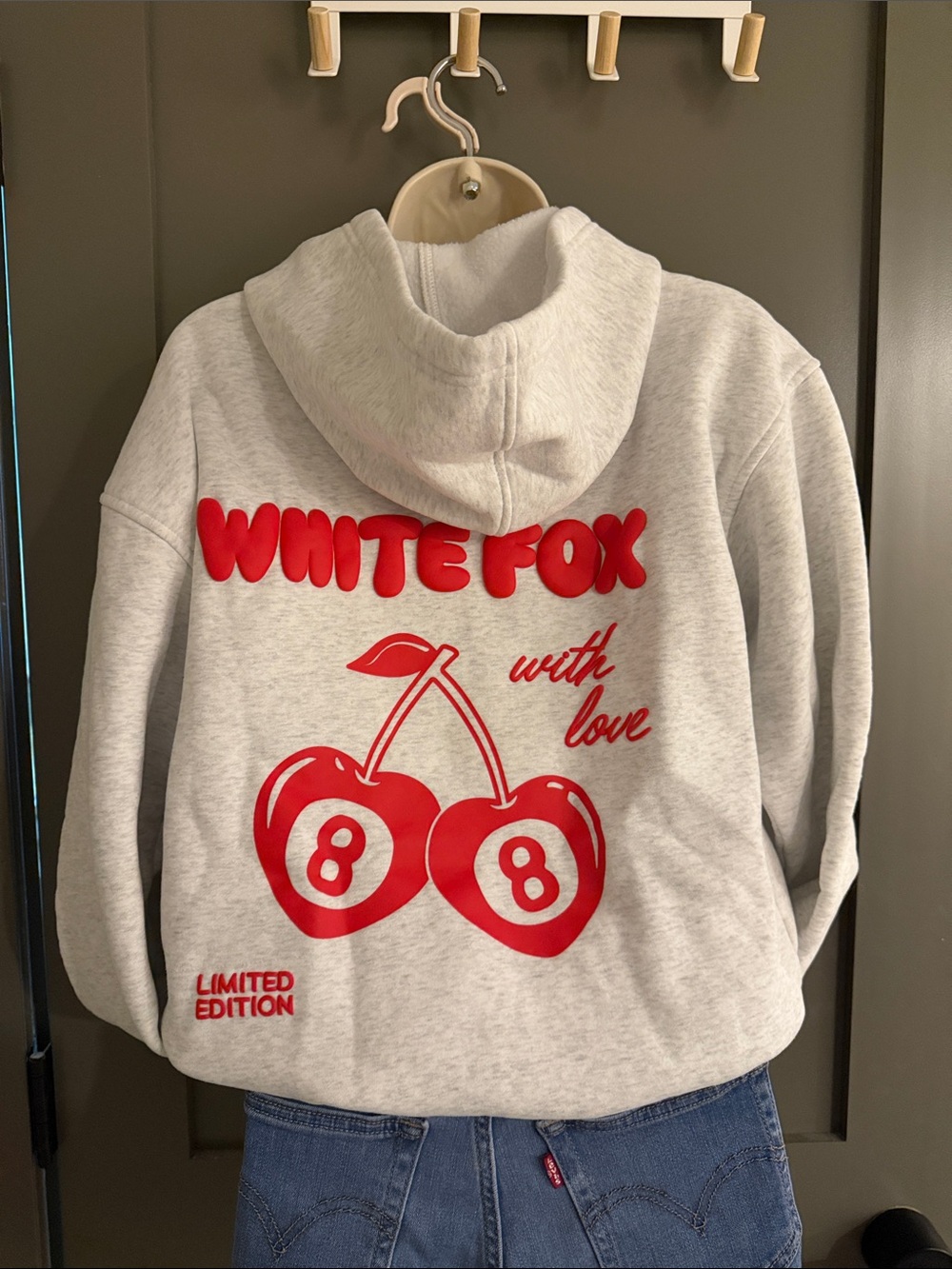 White Fox Boutique Gray Hooded Sweatshirt with Red Cherry Graphic
